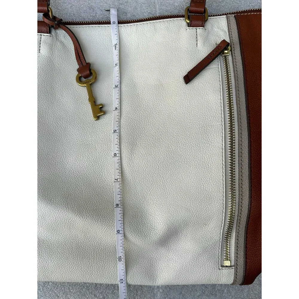 Fossil Genuine Leather Colorblock Tote Bag Ivory Cognac Brown Key Charm